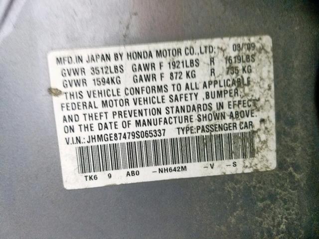 JHMGE87479S065337 - 2009 HONDA FIT SPORT GRAY photo 10