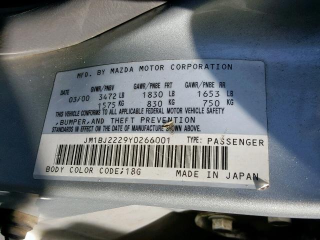 JM1BJ2229Y0266001 - 2000 MAZDA PROTEGE DX GRAY photo 10