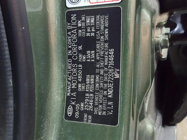 KNDJE723267164646 - 2006 KIA NEW SPORTA GREEN photo 10