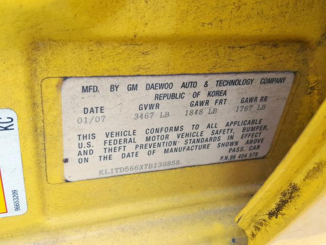 KL1TD566X7B139858 - 2007 CHEVROLET AVEO BASE Сары фото 10