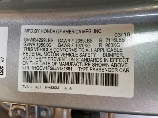 1HGCV1F58JA131861 - 2018 HONDA ACCORD EXL SILVER photo 10