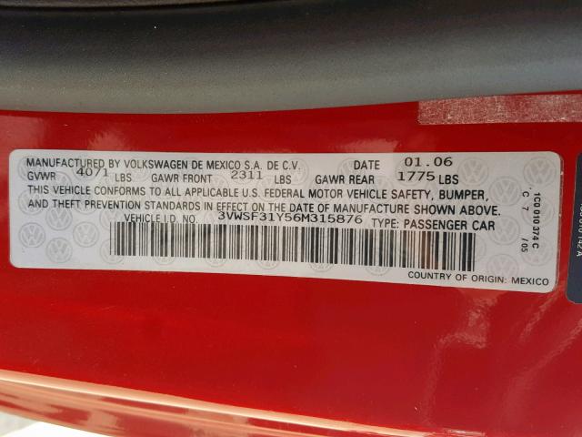 3VWSF31Y56M315876 - 2006 VOLKSWAGEN NEW BEETLE წითელი ფოტო 10