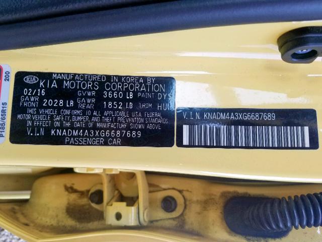 KNADM4A3XG6687689 - 2016 KIA RIO LX YELLOW photo 10