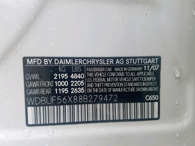 WDBUF56X88B279472 - 2008 MERCEDES-BENZ E 350 WHITE photo 10