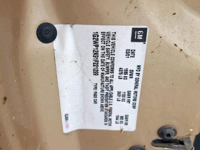 1G2WP12K91F221299 - 2001 PONTIAC GRAND PRIX TAN photo 10