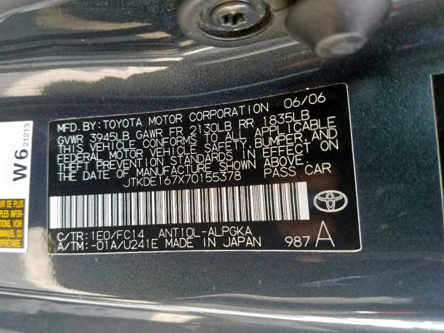 JTKDE167X70155378 - 2007 TOYOTA SCION TC ნაცრისფერი ფოტო 10