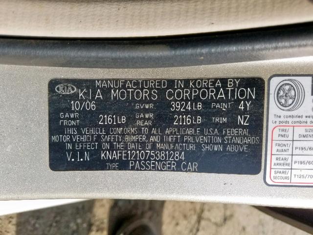 KNAFE121075381284 - 2007 KIA SPECTRA EX TAN photo 10