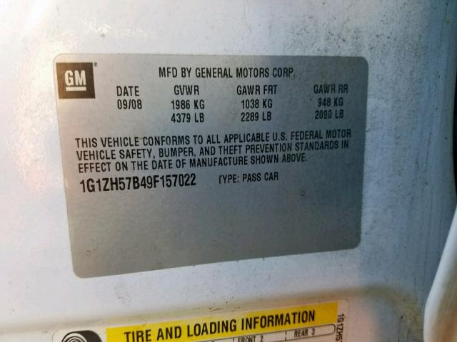 1G1ZH57B49F157022 - 2009 CHEVROLET MALIBU 1LT 白色 照片 10