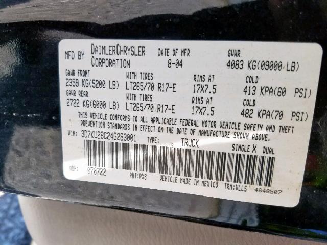 3D7KU28C24G283001 - 2004 DODGE RAM 2500 S Սև լուսանկար 10