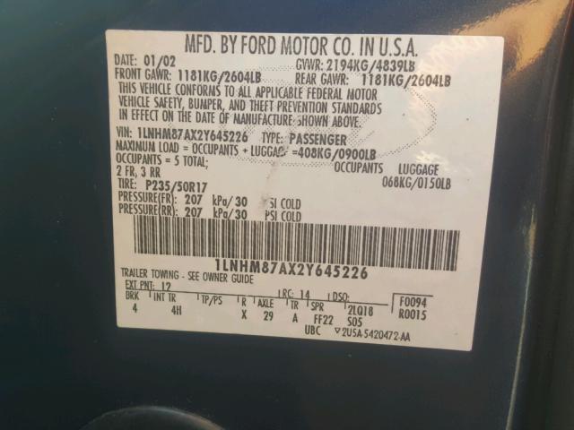 1LNHM87AX2Y645226 - 2002 LINCOLN LS BLUE photo 10