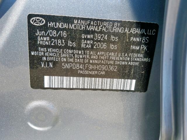 5NPD84LF9HH090362 - 2017 HYUNDAI ELANTRA SE SILVER photo 10