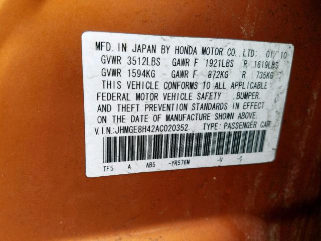 JHMGE8H42AC020352 - 2010 HONDA FIT SPORT ORANGE photo 10