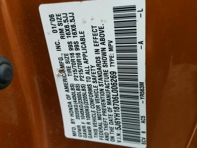 5J6YH18706L006269 - 2006 HONDA ELEMENT EX ORANGE photo 10