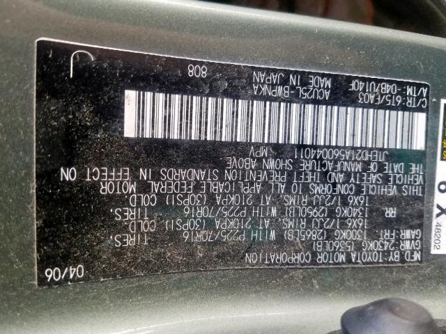 JTEHD21A560044011 - 2006 TOYOTA HIGHLANDER GREEN photo 10