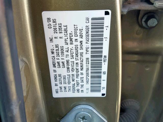 1HGCP26878A112206 - 2008 HONDA ACCORD EXL GOLD photo 10