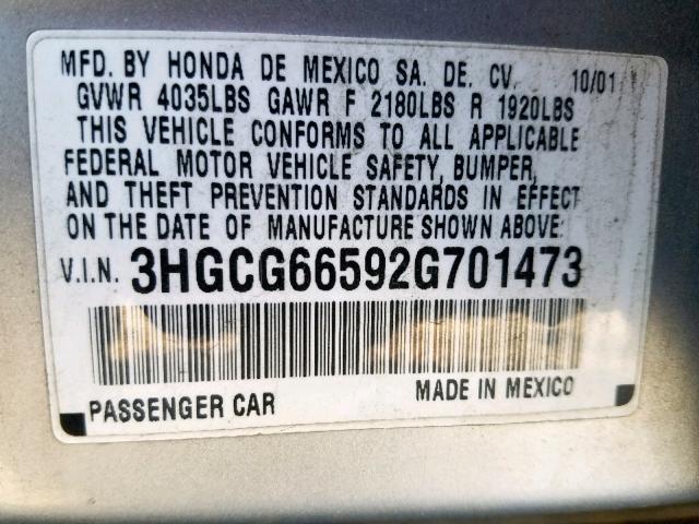 3HGCG66592G701473 - 2002 HONDA ACCORD LX SILVER photo 10