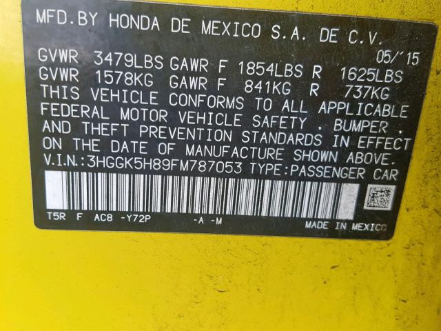 3HGGK5H89FM787053 - 2015 HONDA FIT EX YELLOW photo 10