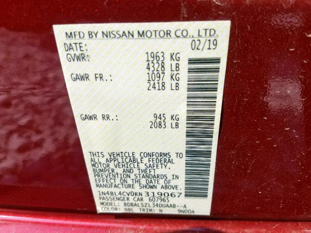 1N4BL4CV0KN319067 - 2019 NISSAN ALTIMA SR RED photo 10