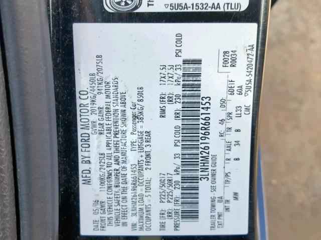 3LNHM26196R661453 - 2006 LINCOLN ZEPHYR BLACK photo 10