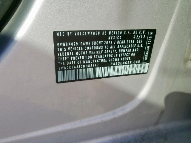 3VW2K7AJ8CM382747 - 2012 VOLKSWAGEN JETTA BASE SILVER photo 10