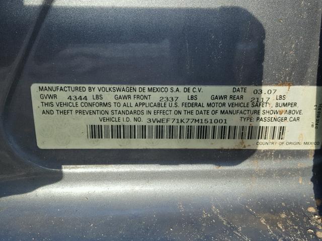 3VWEF71K77M151001 - 2007 VOLKSWAGEN JETTA WOLF GRAY photo 10