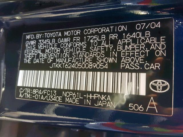 JTKKT624050089054 - 2005 TOYOTA SCION XA BLUE photo 10