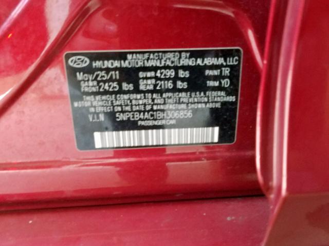 5NPEB4AC1BH306856 - 2011 HYUNDAI SONATA GLS RED photo 10