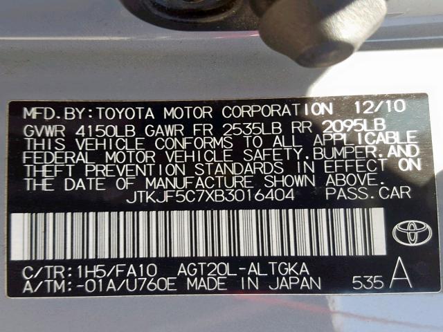 JTKJF5C7XB3016404 - 2011 TOYOTA SCION TC ნაცრისფერი ფოტო 10