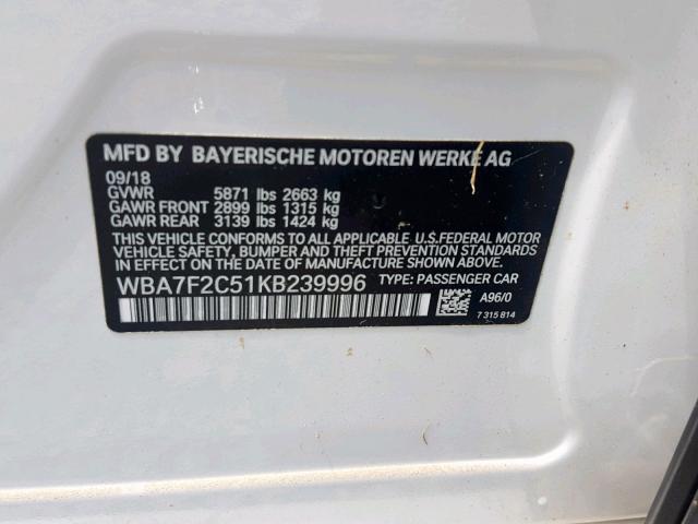 WBA7F2C51KB239996 - 2019 BMW ALPINA B7 WHITE photo 10