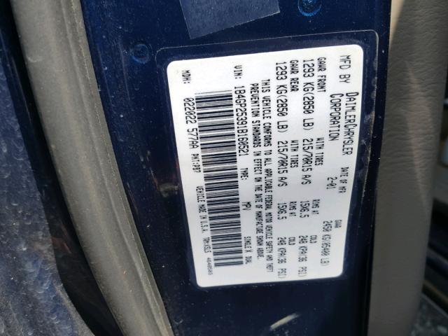 1B4GP25391B160521 - 2001 DODGE CARAVAN SE BLUE photo 10