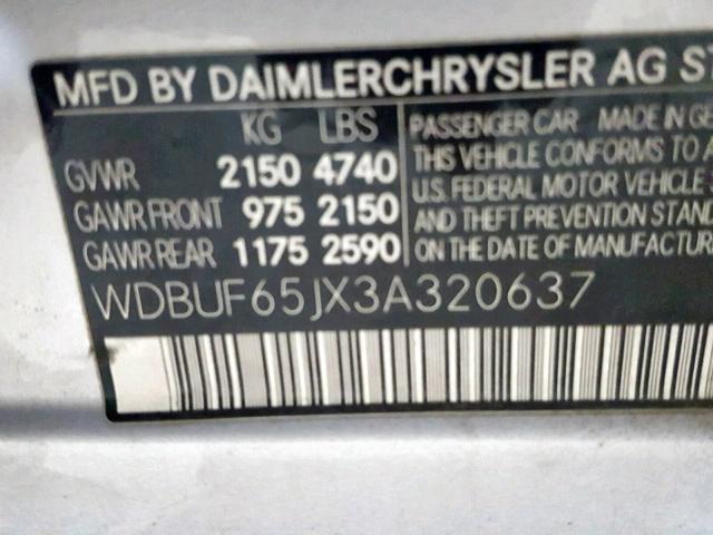 WDBUF65JX3A320637 - 2003 MERCEDES-BENZ E 320 SILVER photo 10