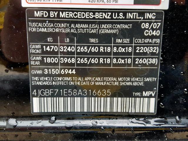 4JGBF71E58A316635 - 2008 MERCEDES-BENZ GL 450 4MA BLACK photo 10