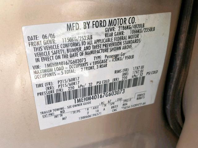 1MEHM40167G603073 - 2007 MERCURY MONTEGO LU GOLD photo 10