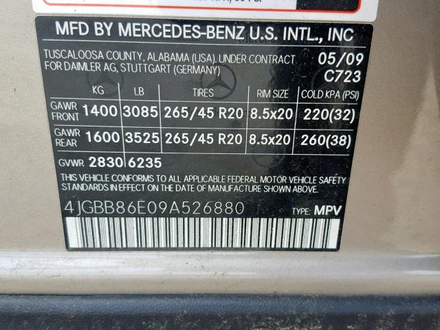 4JGBB86E09A526880 - 2009 MERCEDES-BENZ ML 350 GRAY photo 10