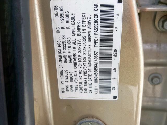 1HGCM56856A140657 - 2006 HONDA ACCORD EX GOLD photo 10