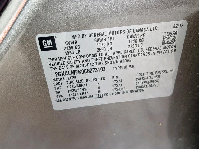 2GKALMEK0C6273193 - 2012 GMC TERRAIN SL GRAY photo 10