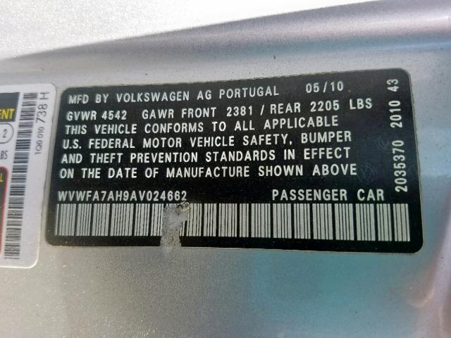 WVWFA7AH9AV024662 - 2010 VOLKSWAGEN EOS LUX 银色 照片 10