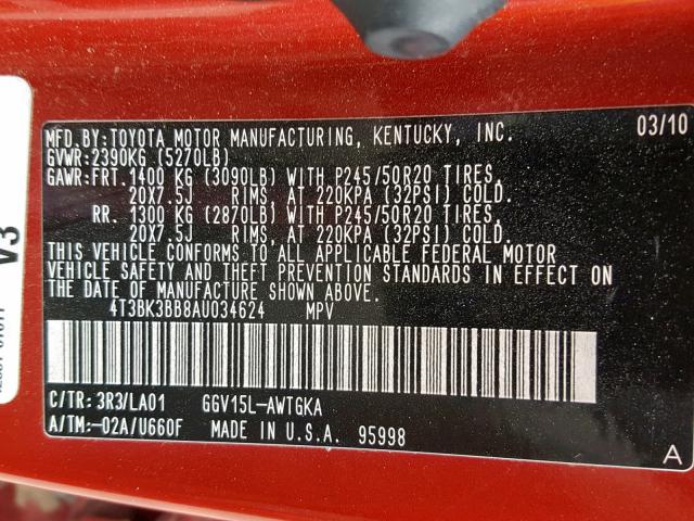 4T3BK3BB8AU034624 - 2010 TOYOTA VENZA RED photo 10