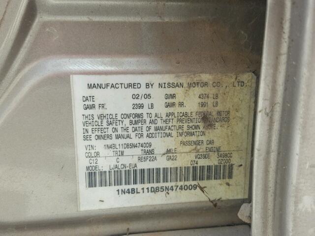 1N4BL11D85N474009 - 2005 NISSAN ALTIMA SE TAN photo 10