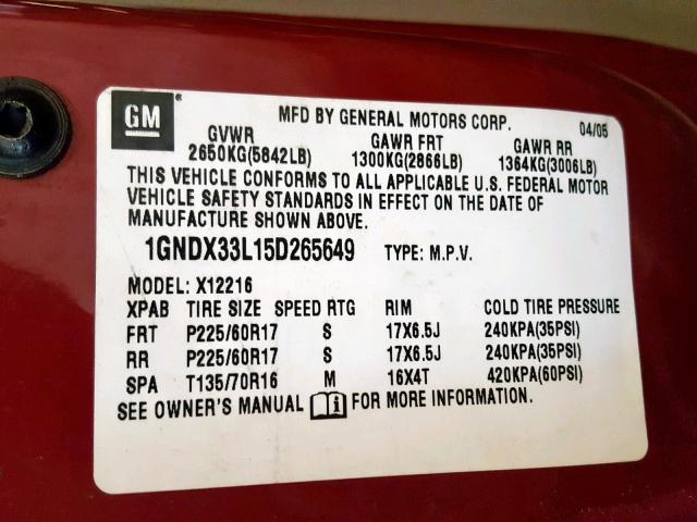 1GNDX33L15D265649 - 2005 CHEVROLET UPLANDER L 栗色 照片 10