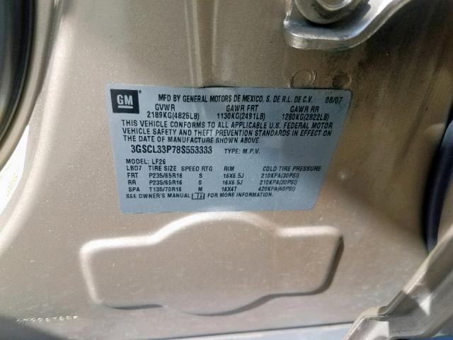 3GSCL33P78S553333 - 2008 SATURN VUE XE GOLD photo 10