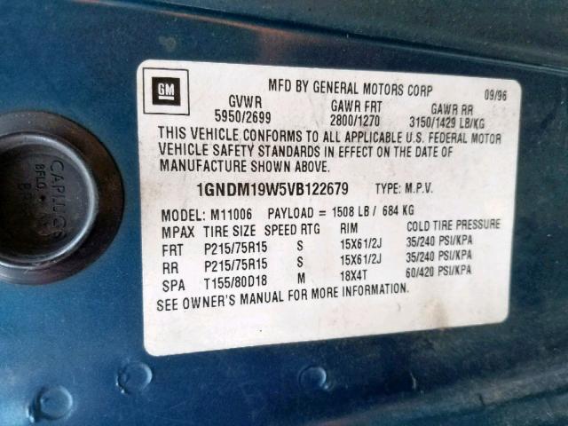 1GNDM19W5VB122679 - 1997 CHEVROLET ASTRO BLUE photo 10