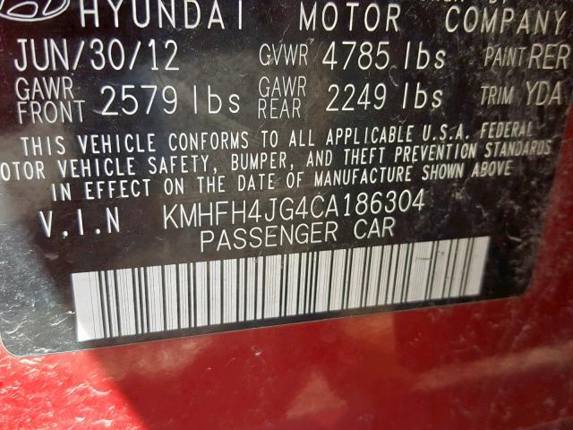 KMHFH4JG4CA186304 - 2012 HYUNDAI AZERA GLS RED photo 10