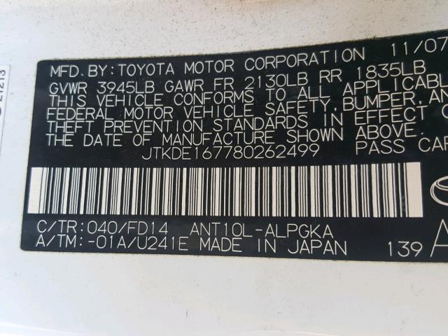 JTKDE167780262499 - 2008 TOYOTA SCION TC თეთრი ფოტო 10