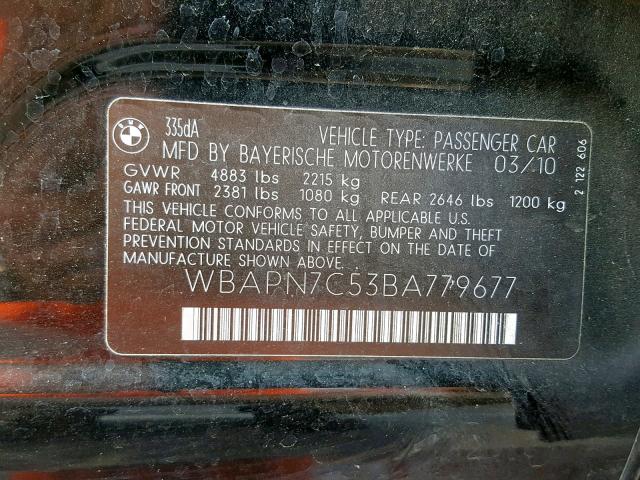 WBAPN7C53BA779677 - 2011 BMW 335 D BLACK photo 10