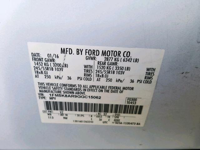 1FM5K8AR9GGC15062 - 2016 FORD EXPLORER P WHITE photo 10