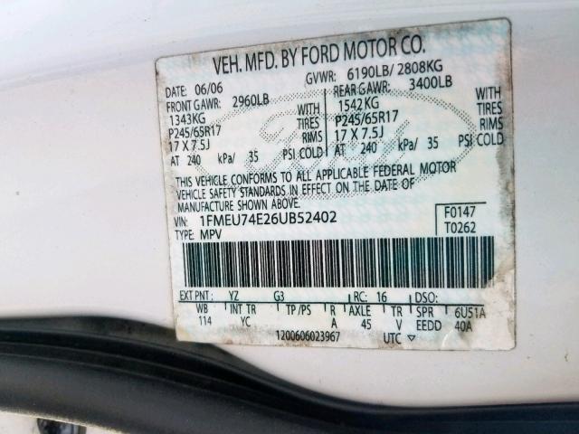 1FMEU74E26UB52402 - 2006 FORD EXPLORER E WHITE photo 10