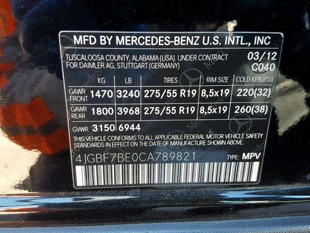 4JGBF7BE0CA789821 - 2012 MERCEDES-BENZ GL 450 4MA BLACK photo 10