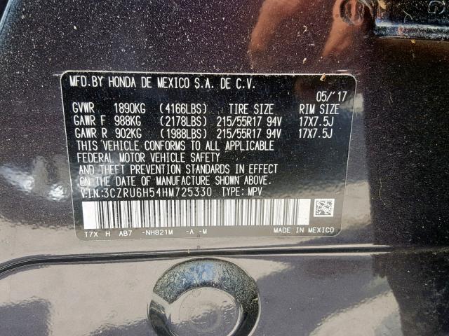 3CZRU6H54HM725330 - 2017 HONDA HR-V EX BLACK photo 10