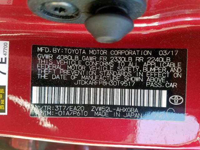 JTDKARFP8H3019517 - 2017 TOYOTA PRIUS PRIM 红色 照片 10